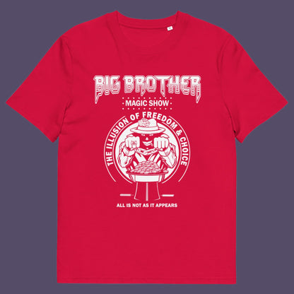 Red t-shirt. A funny conspiracy theory t-shirt suggesting our 'freedom of choice' is just part of an elaborate illusion. Magic shows are great until you realise you are living in one. This unique conspiracy theorist t shirt design hints at our society being distracted by greed. Made from 100% organic ring-spun cotton, this funny conspiracy theory t-shirt is unisex, high-quality, super comfy, and best of all, eco-friendly.