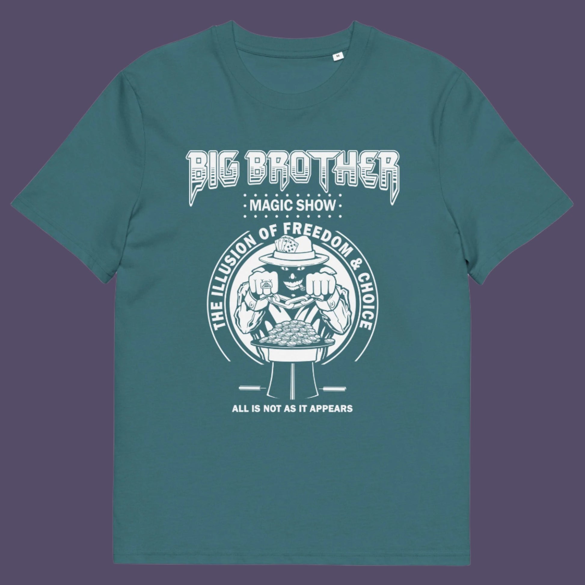 Stargazer t-shirt. A funny conspiracy theory t-shirt suggesting our 'freedom of choice' is just part of an elaborate illusion. Magic shows are great until you realise you are living in one. This unique conspiracy theorist t shirt design hints at our society being distracted by greed. Made from 100% organic ring-spun cotton, this funny conspiracy theory t-shirt is unisex, high-quality, super comfy, and best of all, eco-friendly.