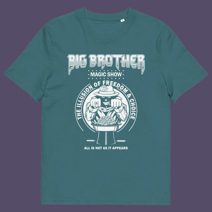 Stargazer t-shirt. A funny conspiracy theory t-shirt suggesting our 'freedom of choice' is just part of an elaborate illusion. Magic shows are great until you realise you are living in one. This unique conspiracy theorist t shirt design hints at our society being distracted by greed. Made from 100% organic ring-spun cotton, this funny conspiracy theory t-shirt is unisex, high-quality, super comfy, and best of all, eco-friendly.
