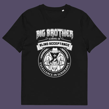 Black t shirt. This Big Brother is watching t shirt has a dig at the government approved general public and suggest we are being educated into ignorant choices. A dark humour and very satirical view of the most attended, hypothetical, schooling system in the modern era. Made from 100% organic ring-spun cotton, this conspiracy theory t-shirt is unisex, high-quality, super comfy, and best of all, eco-friendly.