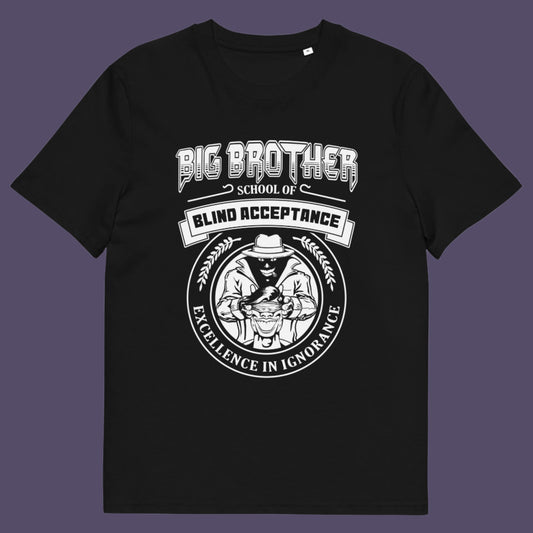 Black t shirt. This Big Brother is watching t shirt has a dig at the government approved general public and suggest we are being educated into ignorant choices. A dark humour and very satirical view of the most attended, hypothetical, schooling system in the modern era. Made from 100% organic ring-spun cotton, this conspiracy theory t-shirt is unisex, high-quality, super comfy, and best of all, eco-friendly.