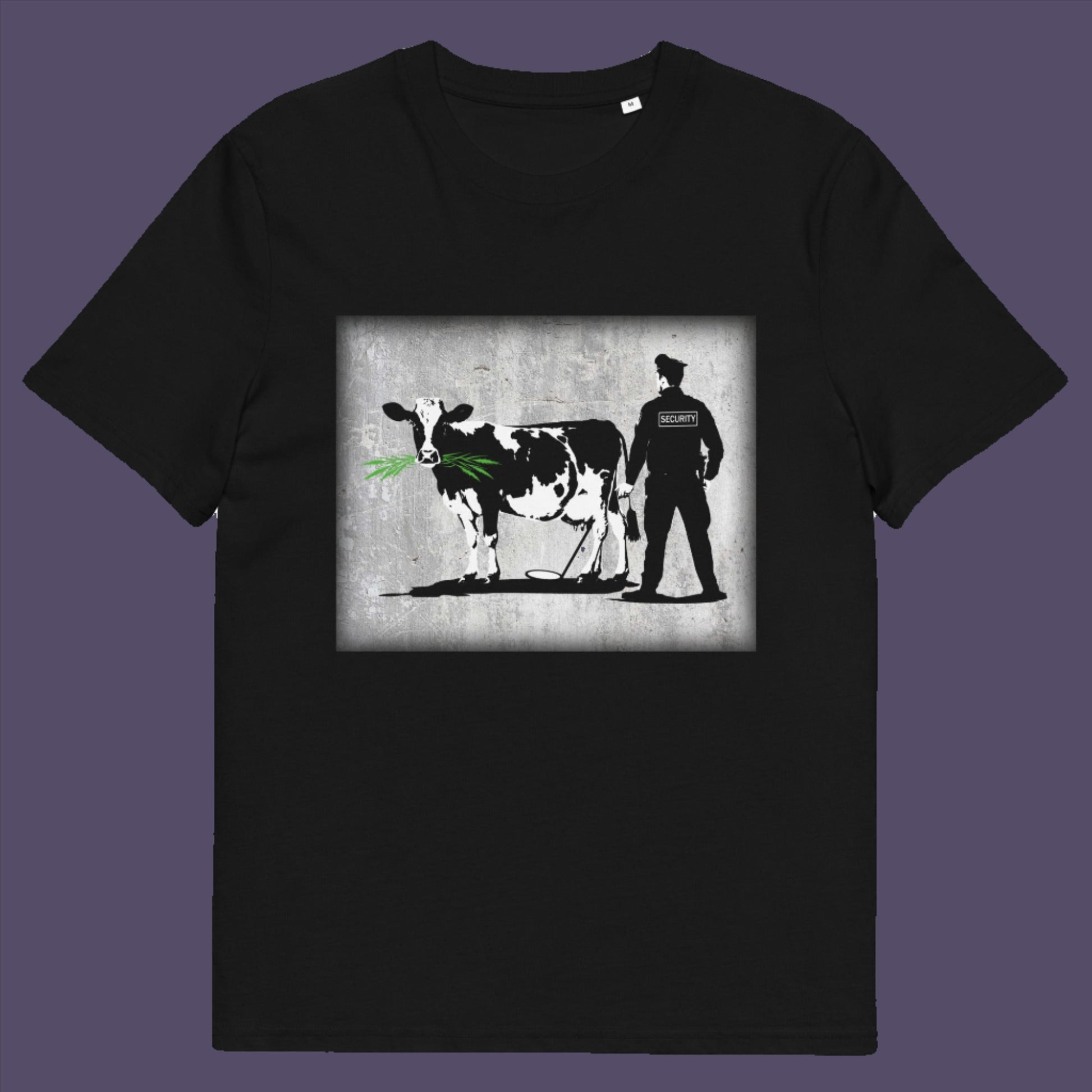 Black t-shirt. A graffiti stencil art t-shirt showing the thin line between security and invasion of privacy highlighted with a touch of satire and sarcasm. Made from 100% organic ring-spun cotton, this Banksy style stencil graffiti t-shirt is unisex, high-quality, super comfy, and best of all, eco-friendly.