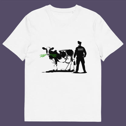 White t-shirt. A graffiti stencil art t-shirt showing the thin line between security and invasion of privacy highlighted with a touch of satire and sarcasm. Made from 100% organic ring-spun cotton, this Banksy style stencil graffiti t-shirt is unisex, high-quality, super comfy, and best of all, eco-friendly.