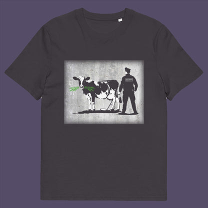 Anthracite t-shirt. A stencil graffiti t shirt showing the thin line between security and invasion of privacy, highlighted with a touch of satire and sarcasm. Made from 100% organic ring-spun cotton, this urban art t shirt is unisex, high-quality, super comfy, and best of all, eco-friendly.