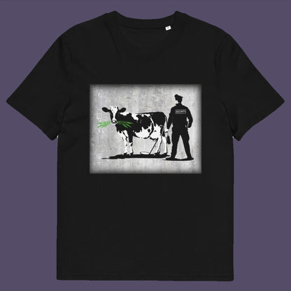 Black t-shirt. A stencil graffiti t shirt showing the thin line between security and invasion of privacy, highlighted with a touch of satire and sarcasm. Made from 100% organic ring-spun cotton, this urban art t shirt is unisex, high-quality, super comfy, and best of all, eco-friendly.