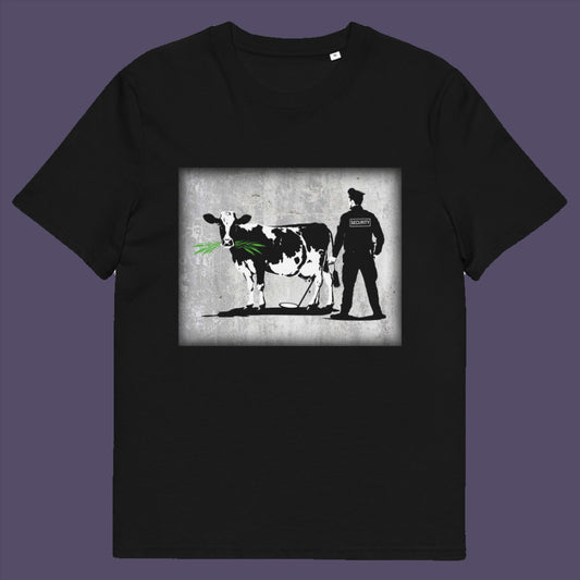 Black t-shirt. A stencil graffiti t shirt showing the thin line between security and invasion of privacy, highlighted with a touch of satire and sarcasm. Made from 100% organic ring-spun cotton, this urban art t shirt is unisex, high-quality, super comfy, and best of all, eco-friendly.