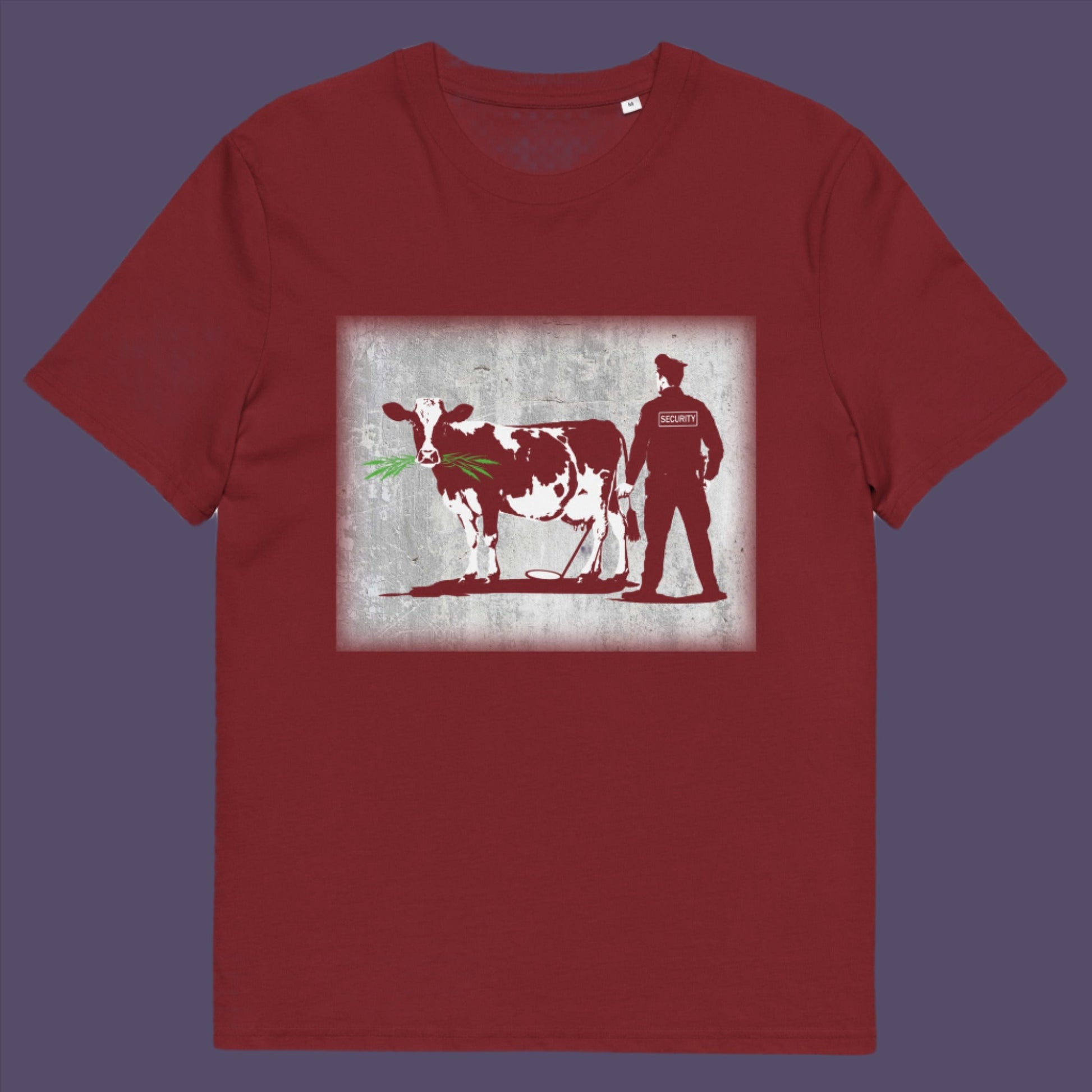 Burgundy t-shirt. A stencil graffiti t shirt showing the thin line between security and invasion of privacy, highlighted with a touch of satire and sarcasm. Made from 100% organic ring-spun cotton, this urban art t shirt is unisex, high-quality, super comfy, and best of all, eco-friendly.