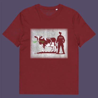 Burgundy t-shirt. A stencil graffiti t shirt showing the thin line between security and invasion of privacy, highlighted with a touch of satire and sarcasm. Made from 100% organic ring-spun cotton, this urban art t shirt is unisex, high-quality, super comfy, and best of all, eco-friendly.