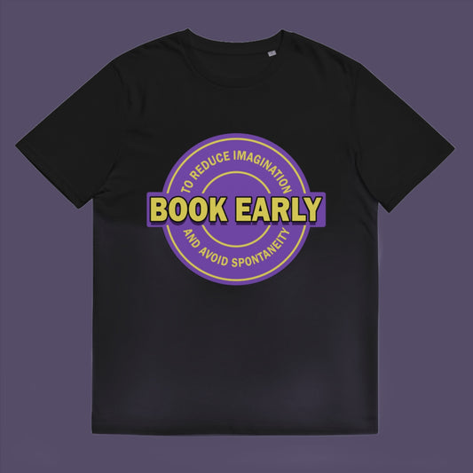 Black t-shirt. A satirical and sarcastic t-shirt design highlighting the lack of spontaneity and imagination in modern life. The more efficient we make society the more we kill the essence and wonder of life. Made from 100% organic ring-spun cotton, this satirical and sarcastic t-shirt is unisex, high-quality, super comfy, and best of all, eco-friendly.