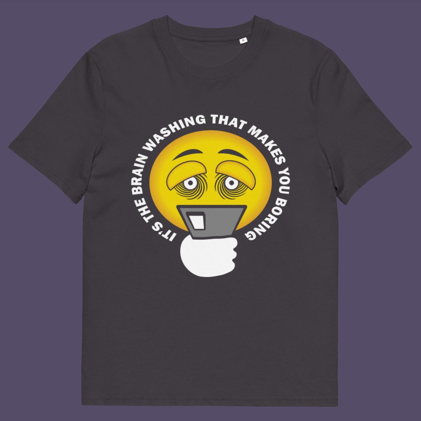 Anthracite t-shirt. This cool graphic t-shirt highlights the hypnotic obsession some people have with their phone and suggests a conspiracy theory of brain washing as a cause. Ideal for displaying that anti smart phone feeling. Made from 100% organic ring-spun cotton, this conspiracy theory t-shirt is unisex, high-quality, super comfy, and best of all, eco-friendly.