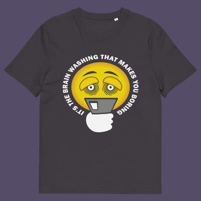 Anthracite t-shirt. This cool graphic t-shirt highlights the hypnotic obsession some people have with their phone and suggests a conspiracy theory of brain washing as a cause. Ideal for displaying that anti smart phone feeling. Made from 100% organic ring-spun cotton, this conspiracy theory t-shirt is unisex, high-quality, super comfy, and best of all, eco-friendly.