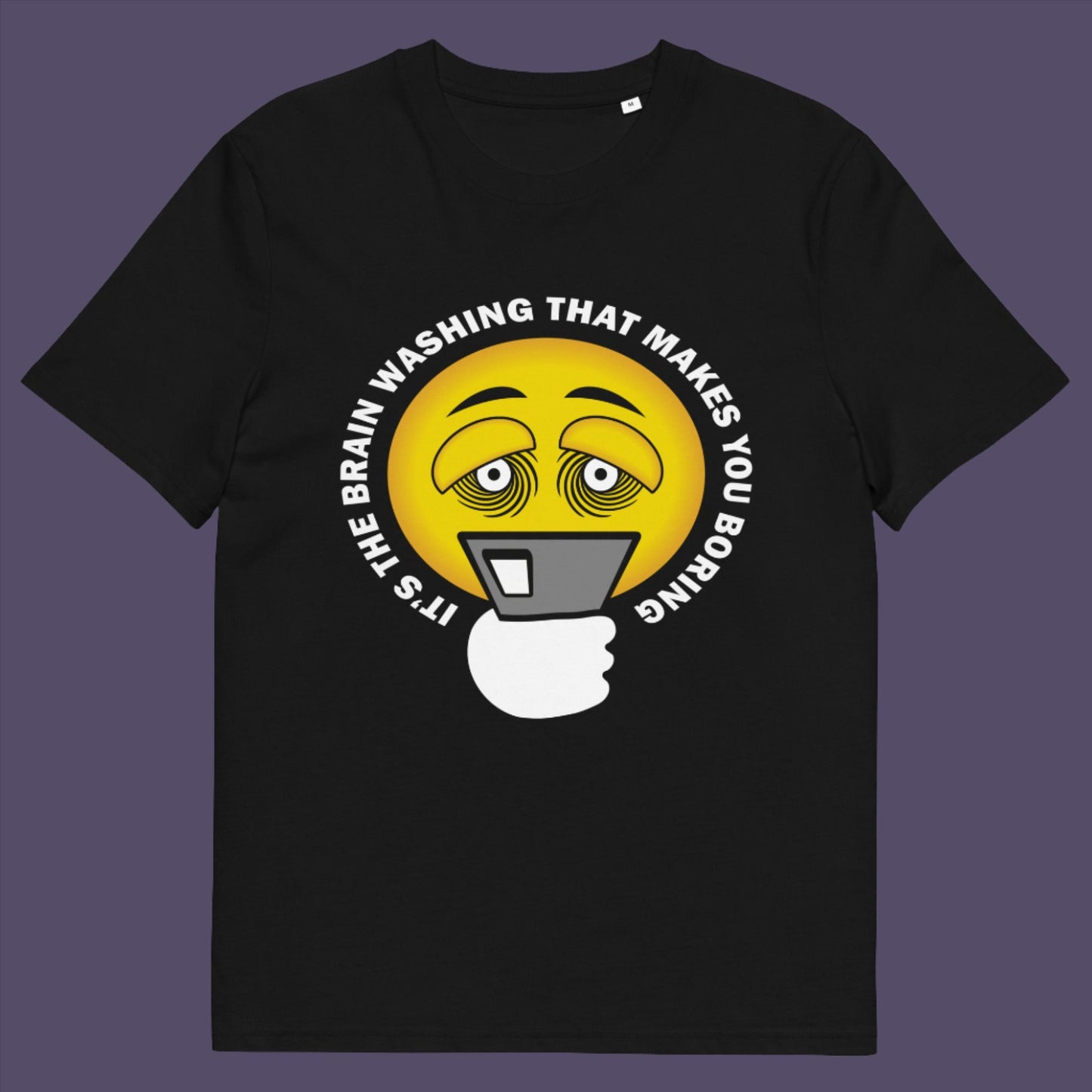 Black t-shirt. This cool graphic t-shirt highlights the hypnotic obsession some people have with their phone and suggests a conspiracy theory of brain washing as a cause. Ideal for displaying that anti smart phone feeling. Made from 100% organic ring-spun cotton, this conspiracy theory t-shirt is unisex, high-quality, super comfy, and best of all, eco-friendly.