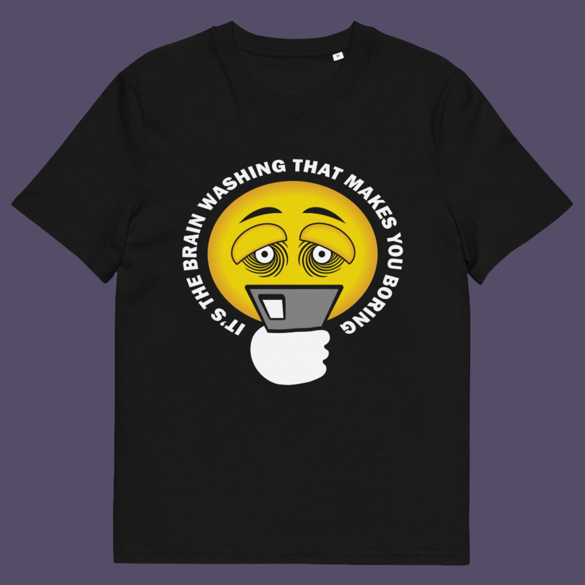 Black t-shirt. This cool graphic t-shirt highlights the hypnotic obsession some people have with their phone and suggests a conspiracy theory of brain washing as a cause. Ideal for displaying that anti smart phone feeling. Made from 100% organic ring-spun cotton, this conspiracy theory t-shirt is unisex, high-quality, super comfy, and best of all, eco-friendly.