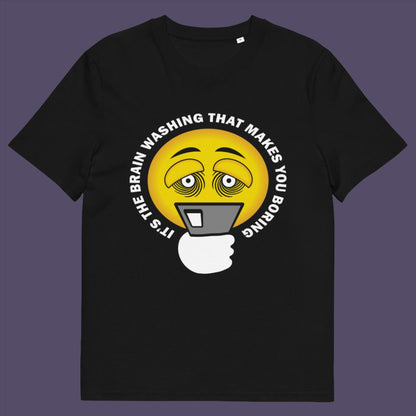 Black t-shirt. This cool graphic t-shirt highlights the hypnotic obsession some people have with their phone and suggests a conspiracy theory of brain washing as a cause. Ideal for displaying that anti smart phone feeling. Made from 100% organic ring-spun cotton, this conspiracy theory t-shirt is unisex, high-quality, super comfy, and best of all, eco-friendly.