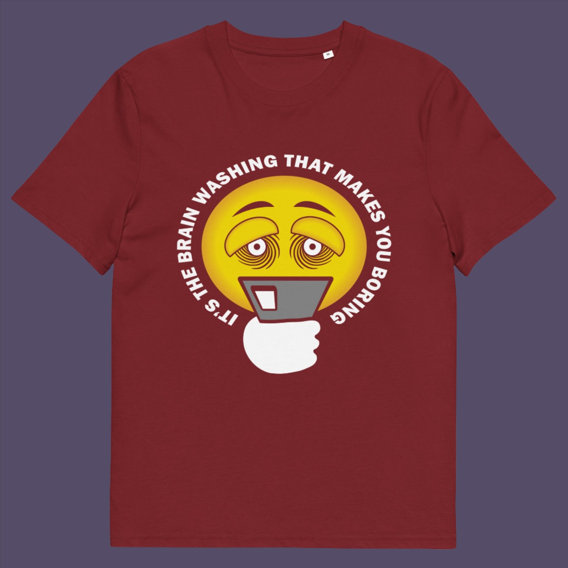 Burgundy t-shirt. This cool graphic t-shirt highlights the hypnotic obsession some people have with their phone and suggests a conspiracy theory of brain washing as a cause. Ideal for displaying that anti smart phone feeling. Made from 100% organic ring-spun cotton, this conspiracy theory t-shirt is unisex, high-quality, super comfy, and best of all, eco-friendly.