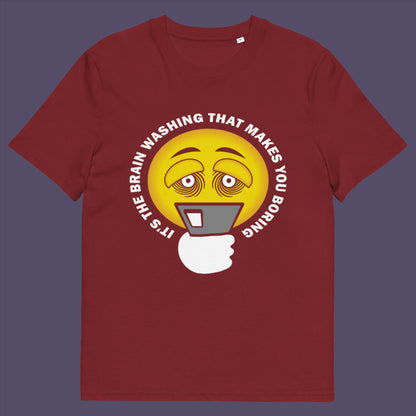 Burgundy t-shirt. This cool graphic t-shirt highlights the hypnotic obsession some people have with their phone and suggests a conspiracy theory of brain washing as a cause. Ideal for displaying that anti smart phone feeling. Made from 100% organic ring-spun cotton, this conspiracy theory t-shirt is unisex, high-quality, super comfy, and best of all, eco-friendly.
