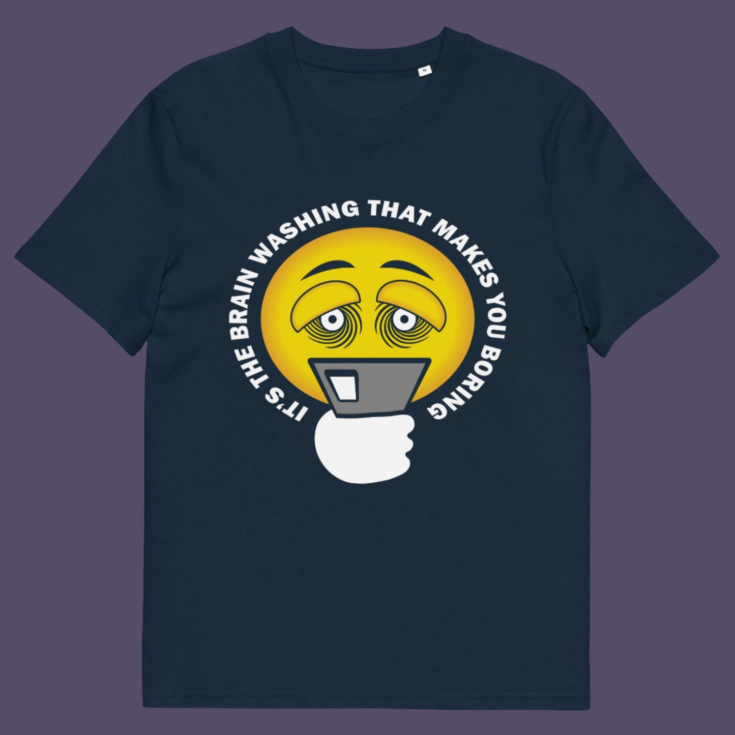 French navy t-shirt. This cool graphic t-shirt highlights the hypnotic obsession some people have with their phone and suggests a conspiracy theory of brain washing as a cause. Ideal for displaying that anti smart phone feeling. Made from 100% organic ring-spun cotton, this conspiracy theory t-shirt is unisex, high-quality, super comfy, and best of all, eco-friendly.