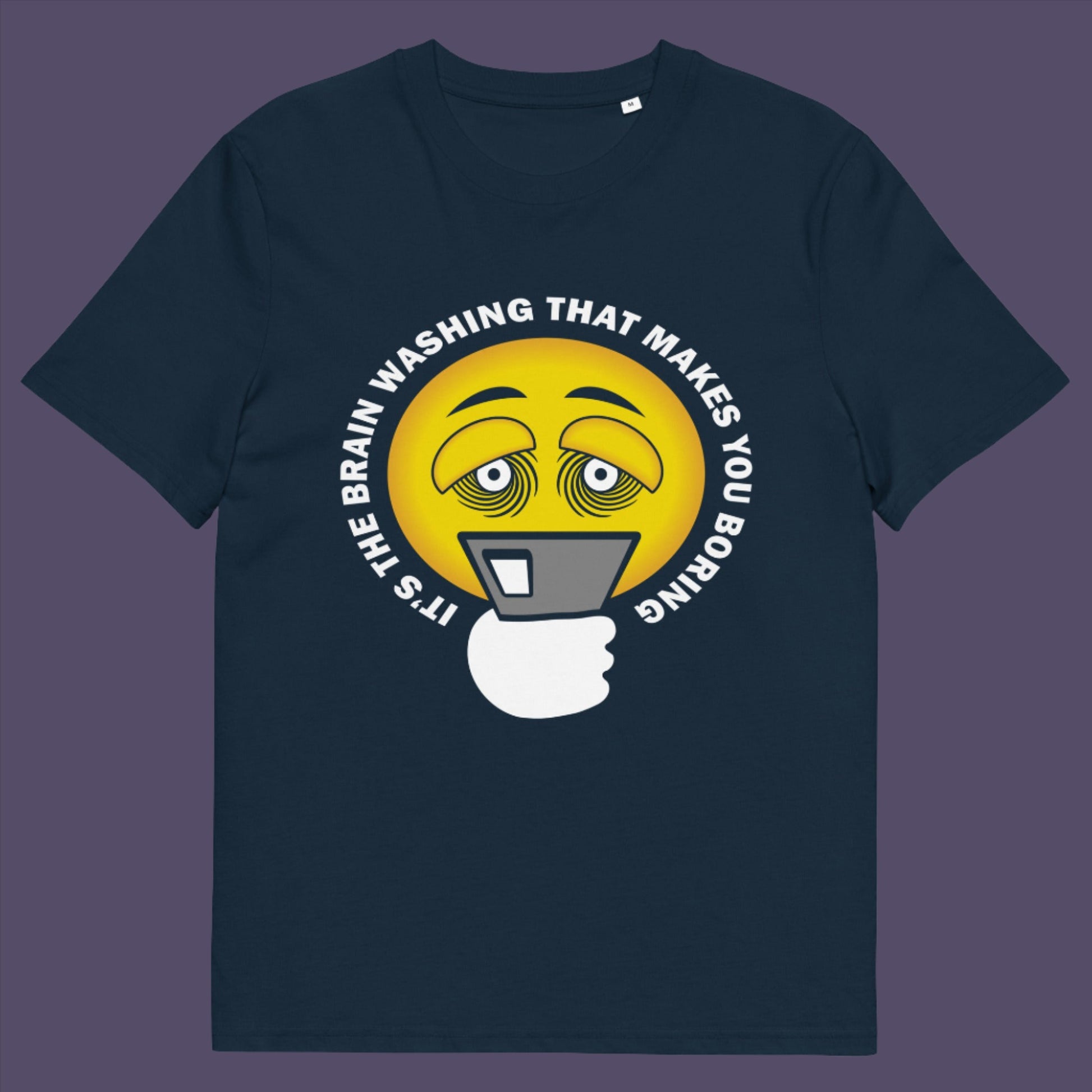 French navy t-shirt. This cool graphic t-shirt highlights the hypnotic obsession some people have with their phone and suggests a conspiracy theory of brain washing as a cause. Ideal for displaying that anti smart phone feeling. Made from 100% organic ring-spun cotton, this conspiracy theory t-shirt is unisex, high-quality, super comfy, and best of all, eco-friendly.