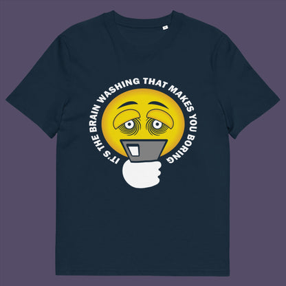 French navy t-shirt. This cool graphic t-shirt highlights the hypnotic obsession some people have with their phone and suggests a conspiracy theory of brain washing as a cause. Ideal for displaying that anti smart phone feeling. Made from 100% organic ring-spun cotton, this conspiracy theory t-shirt is unisex, high-quality, super comfy, and best of all, eco-friendly.