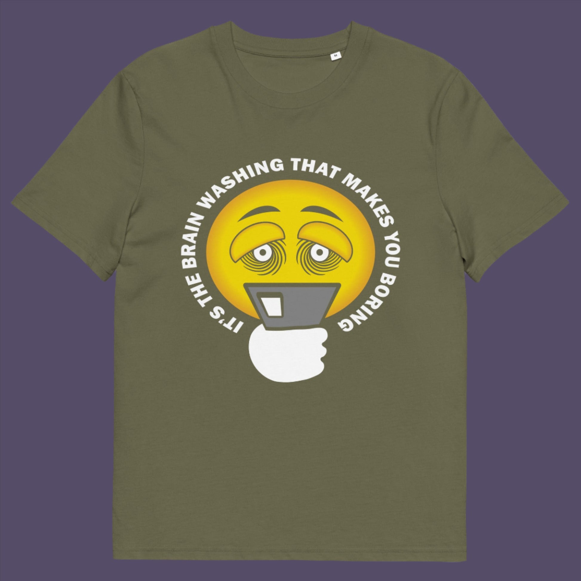 Khaki t-shirt. This cool graphic t-shirt highlights the hypnotic obsession some people have with their phone and suggests a conspiracy theory of brain washing as a cause. Ideal for displaying that anti smart phone feeling. Made from 100% organic ring-spun cotton, this conspiracy theory t-shirt is unisex, high-quality, super comfy, and best of all, eco-friendly.