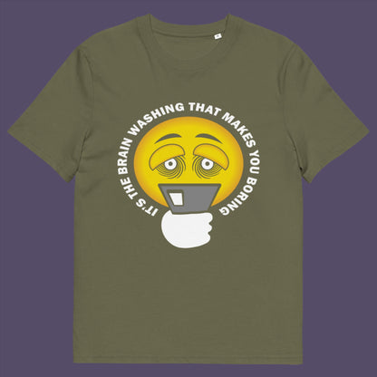 Khaki t-shirt. This cool graphic t-shirt highlights the hypnotic obsession some people have with their phone and suggests a conspiracy theory of brain washing as a cause. Ideal for displaying that anti smart phone feeling. Made from 100% organic ring-spun cotton, this conspiracy theory t-shirt is unisex, high-quality, super comfy, and best of all, eco-friendly.