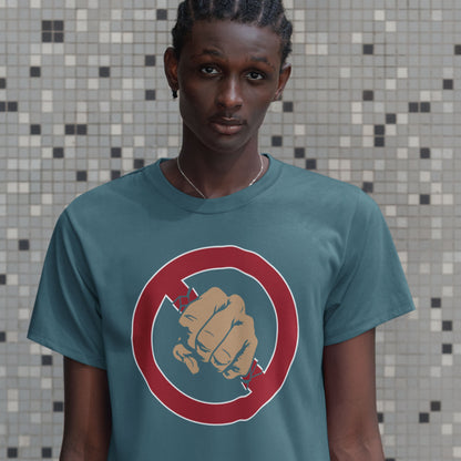 Person wearing a teal t-shirt with a fist symbol design against a tiled wall background. Non conformist t shirt design. stencil graffiti art for people who think boundaries stifle creativity, and rules are only guidelines. This alternative, anti establishment t-shirt is perfect for any demonstration or protest march of your choice. Made from 100% organic ring-spun cotton, this urban art t shirt is unisex, high-quality, super comfy, and best of all, eco-friendly.