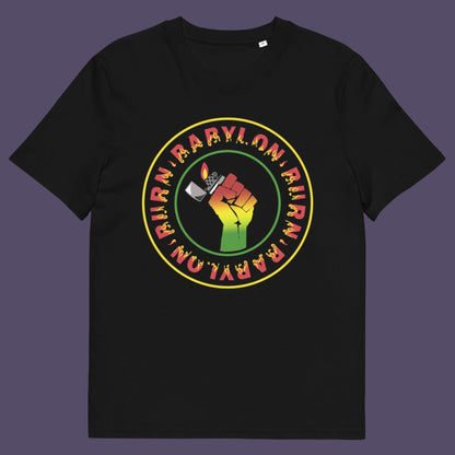Black t-shirt. A Rastafarian political t-shirt. Babylon is the symbol of corruption and decadence. Take a leaf out of the Rastafarian book with this 'power to the people' anti-corrupt government t-shirt. Made from 100% organic ring-spun cotton, this Rastafarian t-shirt is unisex, high-quality, super comfy, and best of all, eco-friendly.