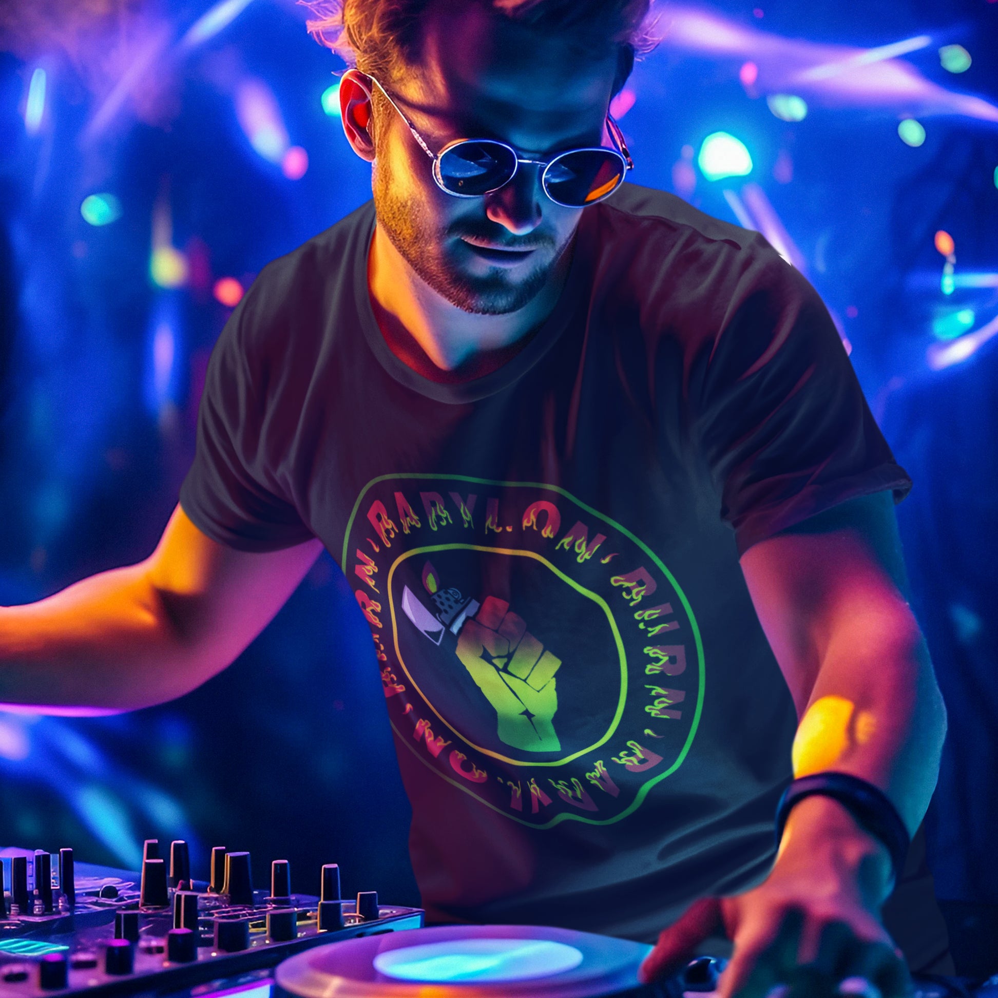 DJ performing at a concert with colourful lights and a t-shirt with a logo. A Rastafarian political t-shirt. Babylon is the symbol of corruption and decadence. Take a leaf out of the Rastafarian book with this 'power to the people' anti-corrupt government t-shirt. Made from 100% organic ring-spun cotton, this Rastafarian t-shirt is unisex, high-quality, super comfy, and best of all, eco-friendly.