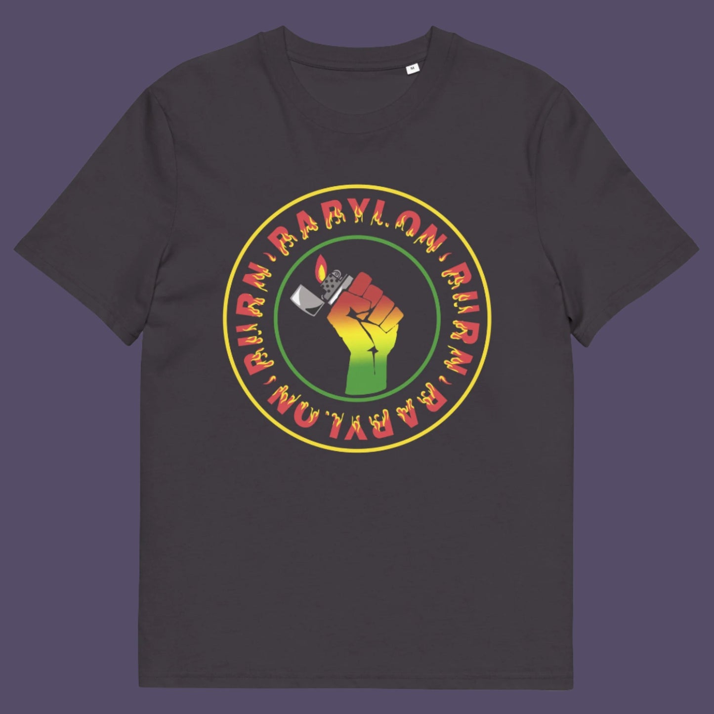 Anthracite t-shirt. A Rastafarian civil rights t shirt. Babylon is the symbol of corruption and decadence. Take a leaf out of the Rastafarian book with this 'power to the people' anti government t-shirt. Made from 100% organic ring-spun cotton, this urban art t shirt is unisex, high-quality, super comfy, and best of all, eco-friendly.