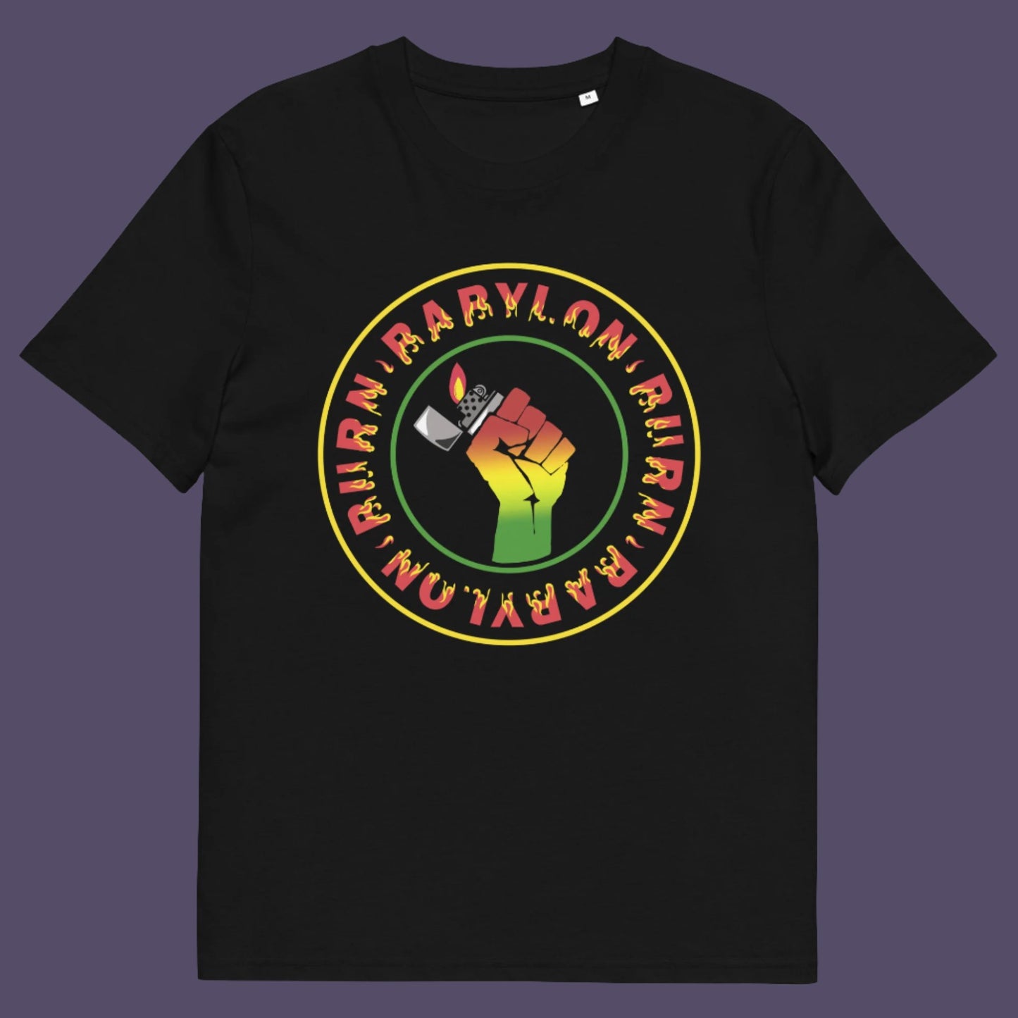 Black t-shirt. A Rastafarian civil rights t shirt. Babylon is the symbol of corruption and decadence. Take a leaf out of the Rastafarian book with this 'power to the people' anti government t-shirt. Made from 100% organic ring-spun cotton, this urban art t shirt is unisex, high-quality, super comfy, and best of all, eco-friendly.