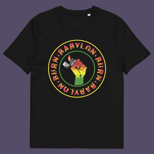 Black t-shirt. A Rastafarian civil rights t shirt. Babylon is the symbol of corruption and decadence. Take a leaf out of the Rastafarian book with this 'power to the people' anti government t-shirt. Made from 100% organic ring-spun cotton, this urban art t shirt is unisex, high-quality, super comfy, and best of all, eco-friendly.