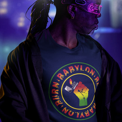 Person wearing a dark blue t-shirt with a colourful graphic and text, set against a purple and blue gradient background. A Rastafarian civil rights t shirt. Babylon is the symbol of corruption and decadence. Take a leaf out of the Rastafarian book with this 'power to the people' anti government t-shirt. Made from 100% organic ring-spun cotton, this urban art t shirt is unisex, high-quality, super comfy, and best of all, eco-friendly.