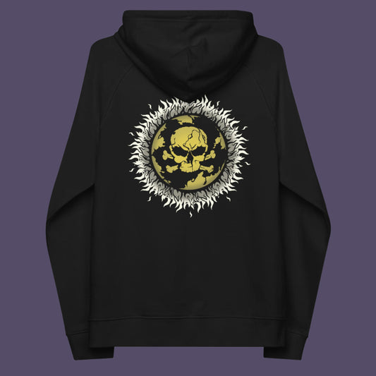 Black hoodie back. This environmental hoodie is concerned with global warming. A design to keep climate issues at the forefront of peoples minds. A burning issue. Made from 100% organic ring-spun cotton, this environmental awareness hoodie is unisex, high-quality, super comfy, and best of all, eco-friendly.