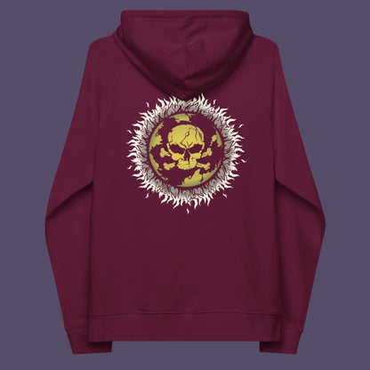Burgundy hoodie back. This environmental hoodie is concerned with global warming. A design to keep climate issues at the forefront of peoples minds. A burning issue. Made from 100% organic ring-spun cotton, this environmental awareness hoodie is unisex, high-quality, super comfy, and best of all, eco-friendly.