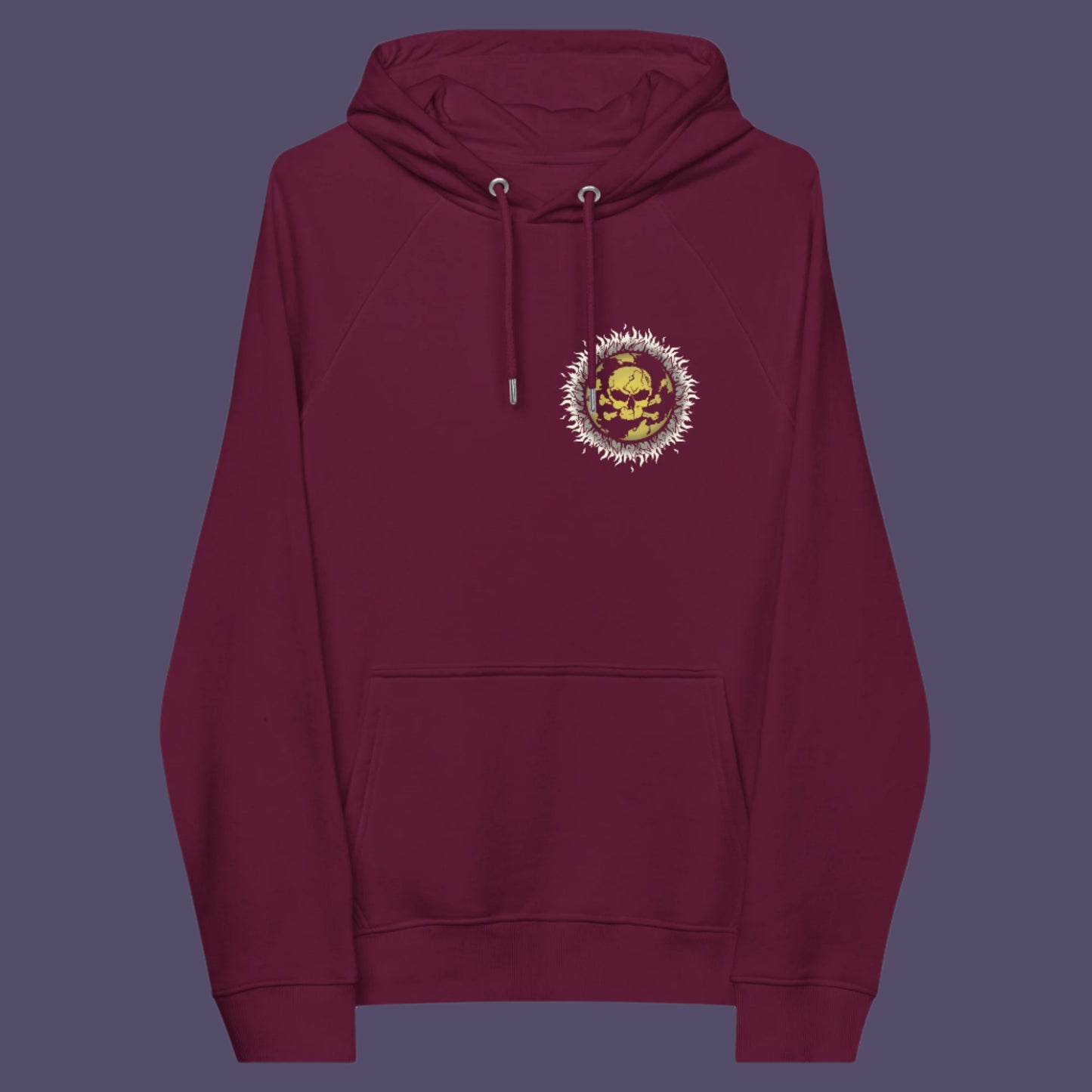 Burgundy hoodie front. This environmental hoodie is concerned with global warming. A design to keep climate issues at the forefront of peoples minds. A burning issue. Made from 100% organic ring-spun cotton, this environmental awareness hoodie is unisex, high-quality, super comfy, and best of all, eco-friendly.