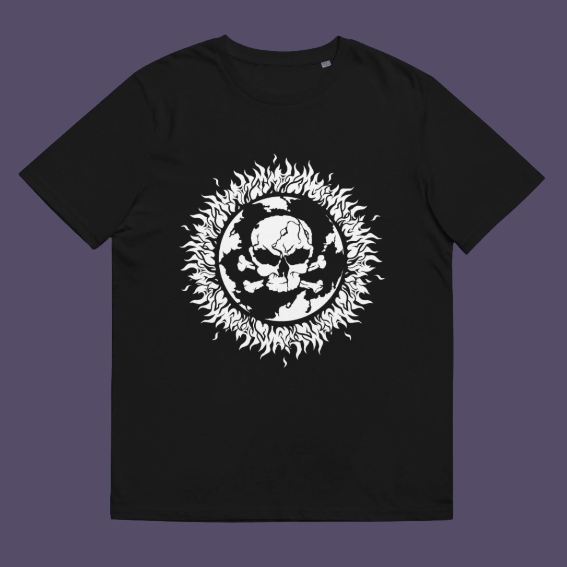 Black t-shirt. This environmental t-shirt is concerned with global warming. A design to keep climate issues at the forefront of peoples minds. A burning issue. Made from 100% organic ring-spun cotton, this environmental awareness t-shirt is unisex, high-quality, super comfy, and best of all, eco-friendly.