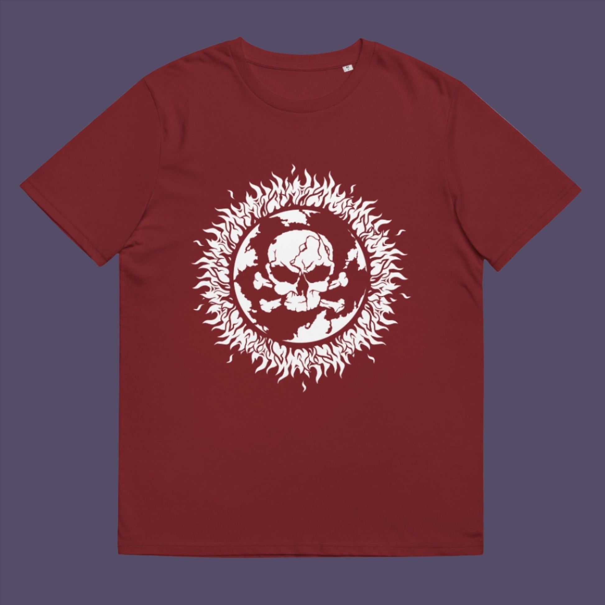 Burgundy t-shirt. This environmental t-shirt is concerned with global warming. A design to keep climate issues at the forefront of peoples minds. A burning issue. Made from 100% organic ring-spun cotton, this environmental awareness t-shirt is unisex, high-quality, super comfy, and best of all, eco-friendly.
