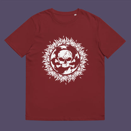 Burgundy t-shirt. This environmental t-shirt is concerned with global warming. A design to keep climate issues at the forefront of peoples minds. A burning issue. Made from 100% organic ring-spun cotton, this environmental awareness t-shirt is unisex, high-quality, super comfy, and best of all, eco-friendly.
