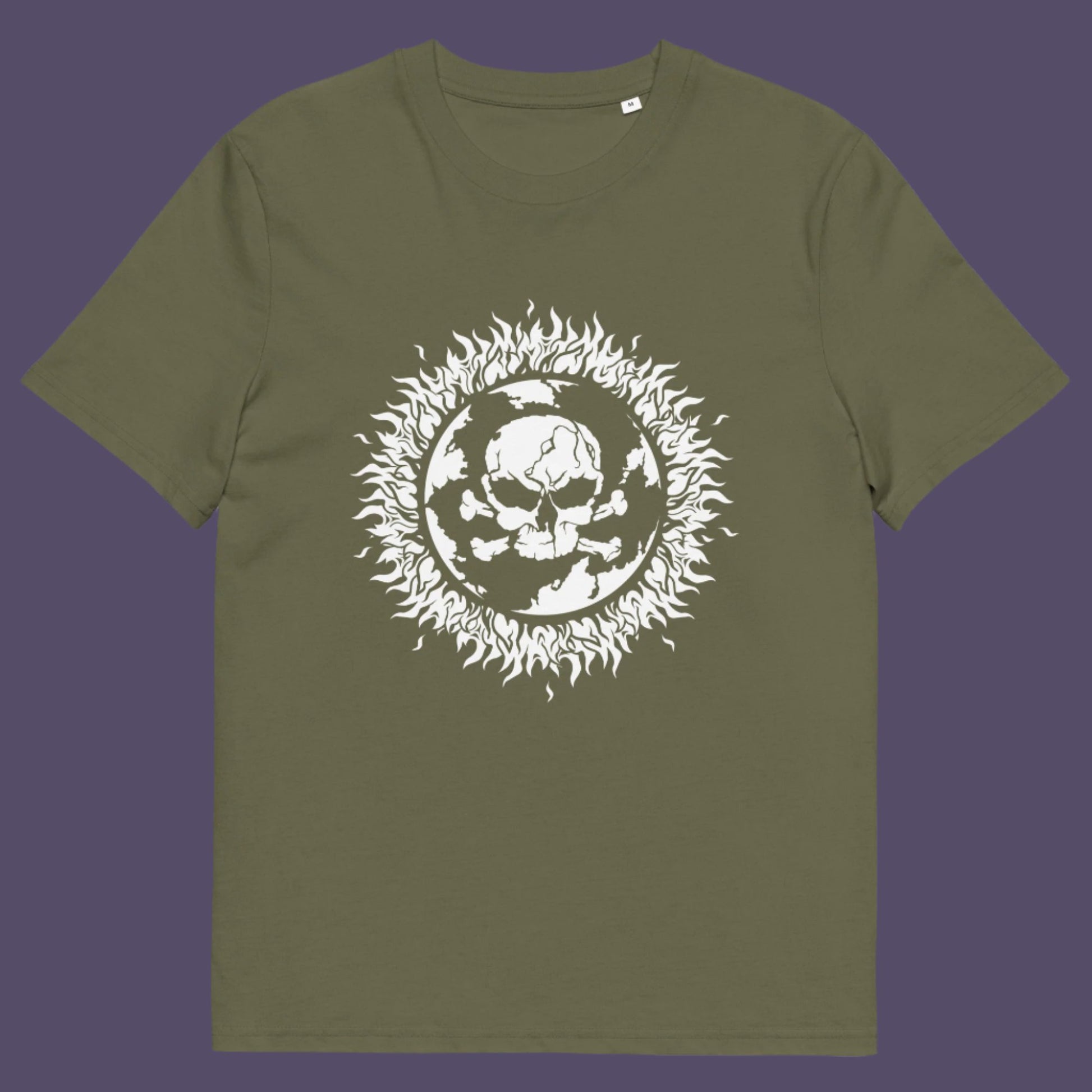 Khaki t-shirt This environmental t-shirt is concerned with global warming. A design to keep climate issues at the forefront of peoples minds. A burning issue. Made from 100% organic ring-spun cotton, this environmental awareness t-shirt is unisex, high-quality, super comfy, and best of all, eco-friendly.