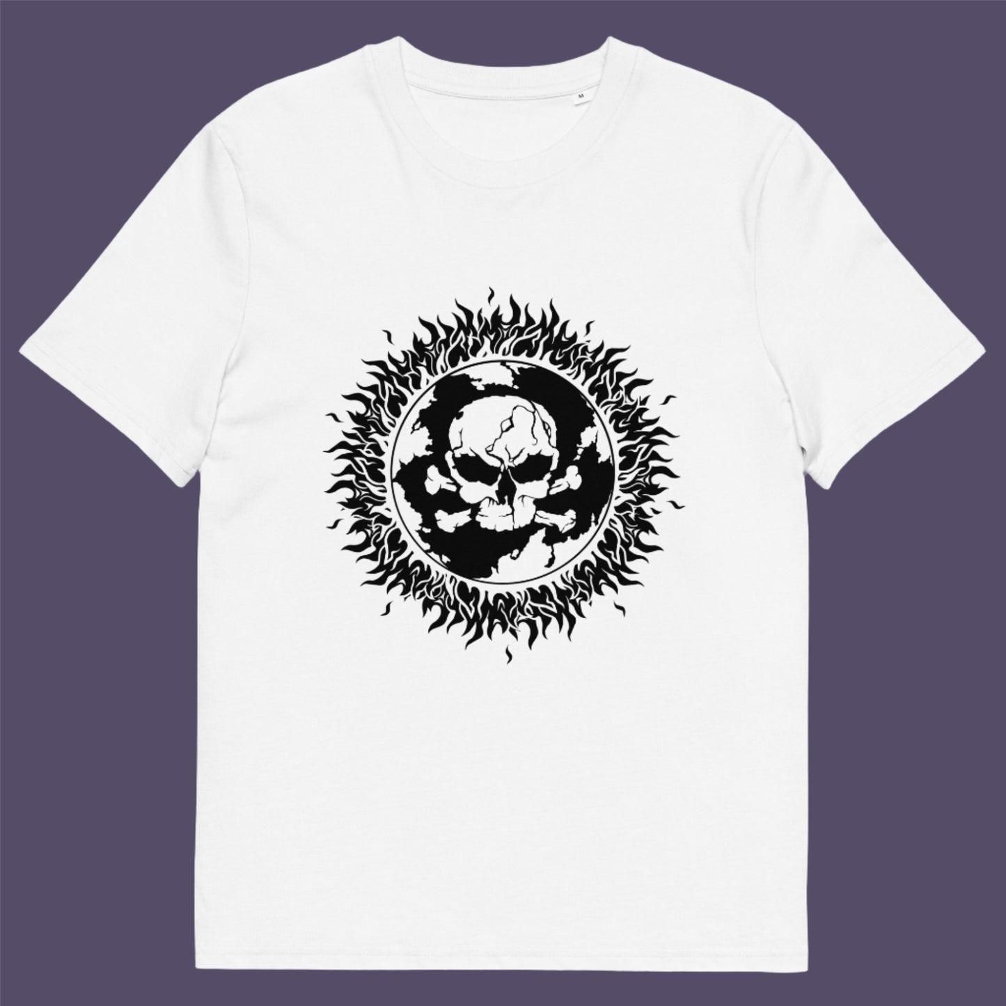 White t-shirt. This environmental t-shirt is concerned with global warming. A design to keep climate issues at the forefront of peoples minds. A burning issue. Made from 100% organic ring-spun cotton, this environmental awareness t-shirt is unisex, high-quality, super comfy, and best of all, eco-friendly.