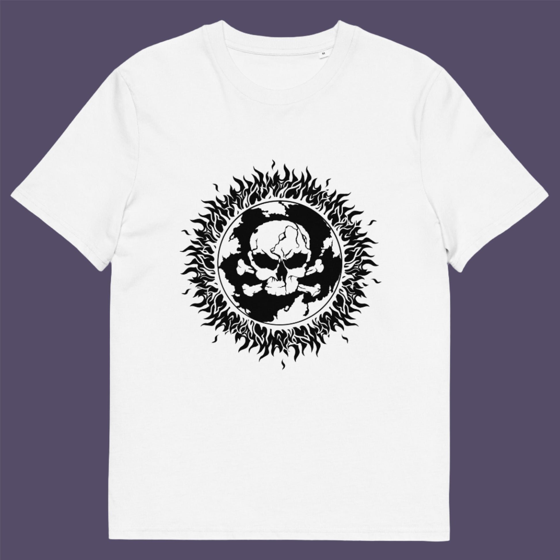 White t-shirt. This environmental t-shirt is concerned with global warming. A design to keep climate issues at the forefront of peoples minds. A burning issue. Made from 100% organic ring-spun cotton, this environmental awareness t-shirt is unisex, high-quality, super comfy, and best of all, eco-friendly.