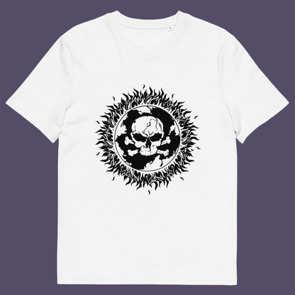 White t-shirt. This environmental t-shirt is concerned with global warming. A design to keep climate issues at the forefront of peoples minds. A burning issue. Made from 100% organic ring-spun cotton, this environmental awareness t-shirt is unisex, high-quality, super comfy, and best of all, eco-friendly.