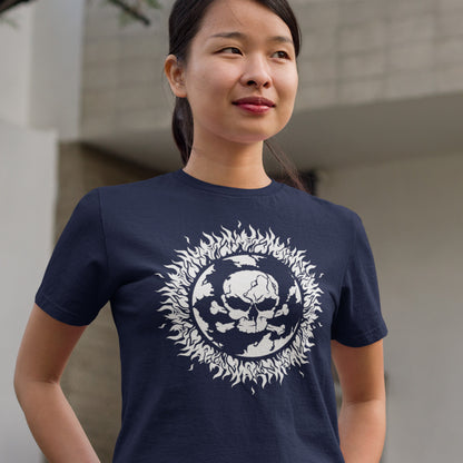 Woman wearing 'burning planet' French navy t-shirt. This environmental t-shirt is concerned with global warming. A design to keep climate issues at the forefront of peoples minds. A burning issue. Made from 100% organic ring-spun cotton, this environmental awareness t-shirt is unisex, high-quality, super comfy, and best of all, eco-friendly.