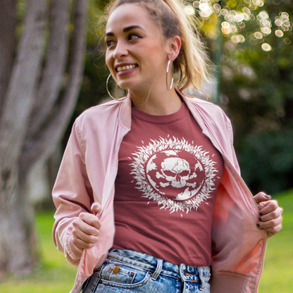 woman wearing 'burning planet' burgundy t-shirt. This environmental t-shirt is concerned with global warming. A design to keep climate issues at the forefront of peoples minds. A burning issue. Made from 100% organic ring-spun cotton, this environmental awareness t-shirt is unisex, high-quality, super comfy, and best of all, eco-friendly.