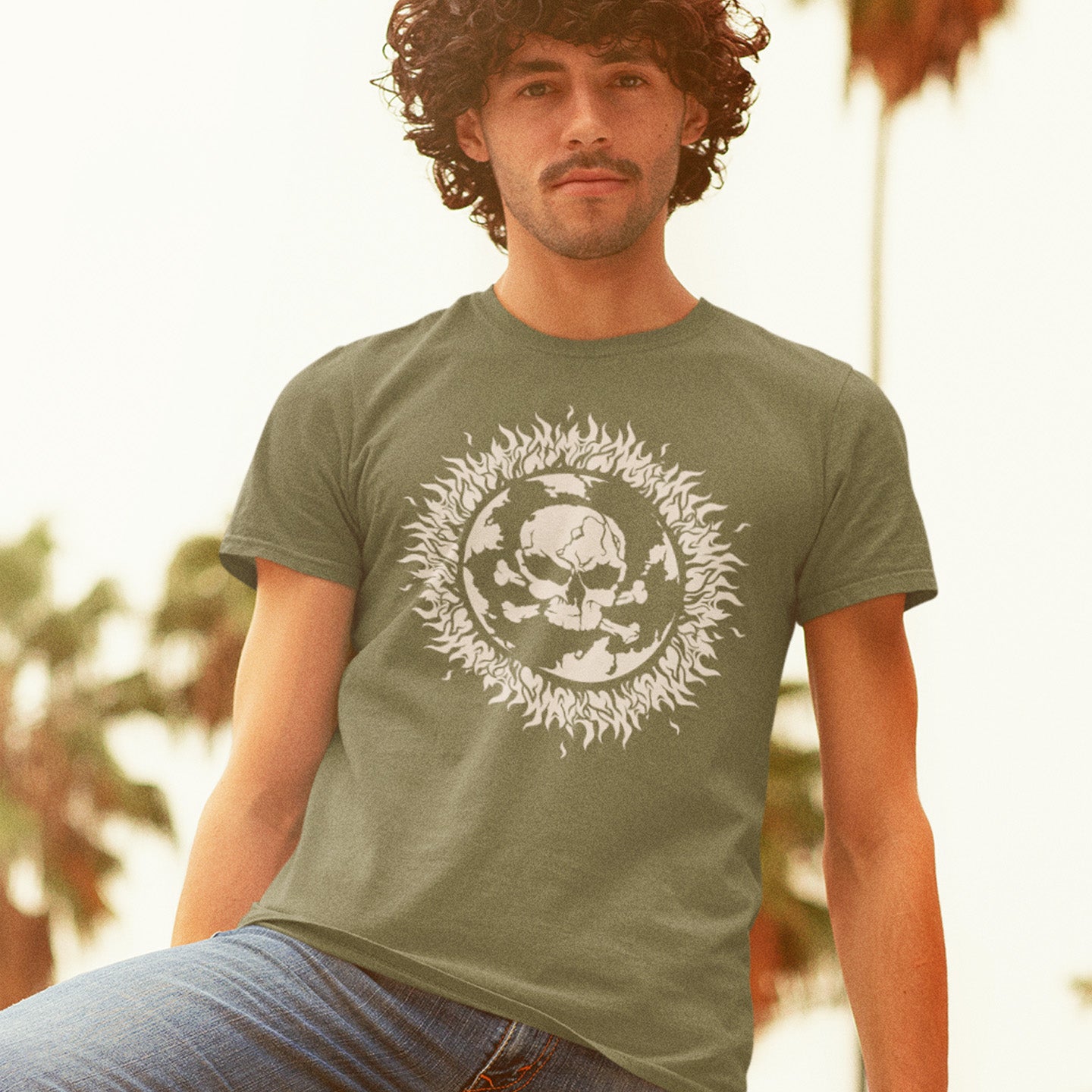 Man wearing 'burning planet' khaki t-shirt. This environmental t-shirt is concerned with global warming. A design to keep climate issues at the forefront of peoples minds. A burning issue. Made from 100% organic ring-spun cotton, this environmental awareness t-shirt is unisex, high-quality, super comfy, and best of all, eco-friendly.