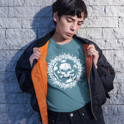 Woman wearing stargazer t-shirt. This environmental t-shirt is concerned with global warming. A design to keep climate issues at the forefront of peoples minds. A burning issue. Made from 100% organic ring-spun cotton, this environmental awareness t-shirt is unisex, high-quality, super comfy, and best of all, eco-friendly.