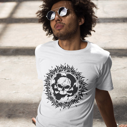 Man wearing white t-shirt with burning planet logo. This environmental t-shirt is concerned with global warming. A design to keep climate issues at the forefront of peoples minds. A burning issue. Made from 100% organic ring-spun cotton, this environmental awareness t-shirt is unisex, high-quality, super comfy, and best of all, eco-friendly.