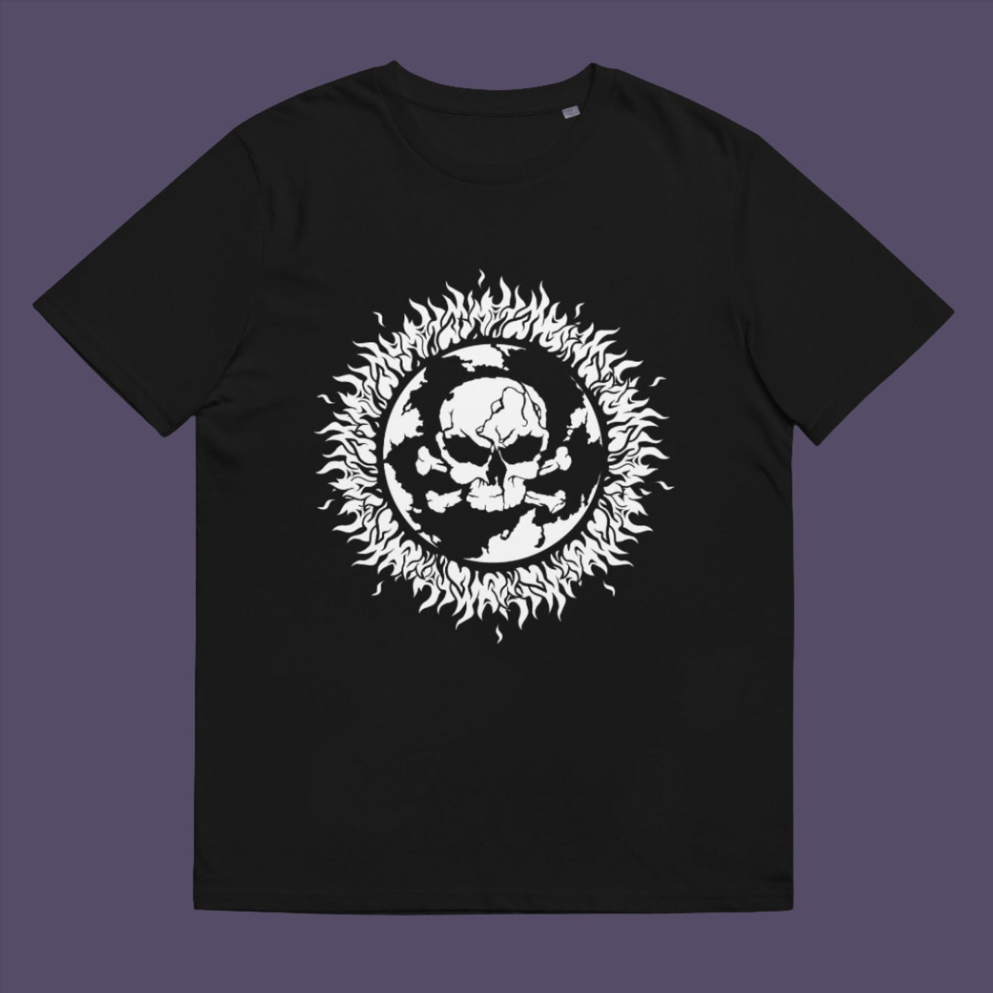 Black t-shirt. This save the world t shirt is concerned with global warming. A design to keep climate issues at the forefront of peoples minds. A burning issue. Made from 100% organic ring-spun cotton, this save the earth t shirt is unisex, high-quality, super comfy, and best of all, eco-friendly.