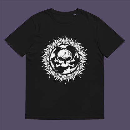 Black t-shirt. This save the world t shirt is concerned with global warming. A design to keep climate issues at the forefront of peoples minds. A burning issue. Made from 100% organic ring-spun cotton, this save the earth t shirt is unisex, high-quality, super comfy, and best of all, eco-friendly.