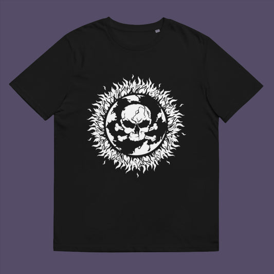 Black t-shirt. This save the world t shirt is concerned with global warming. A design to keep climate issues at the forefront of peoples minds. A burning issue. Made from 100% organic ring-spun cotton, this save the earth t shirt is unisex, high-quality, super comfy, and best of all, eco-friendly.